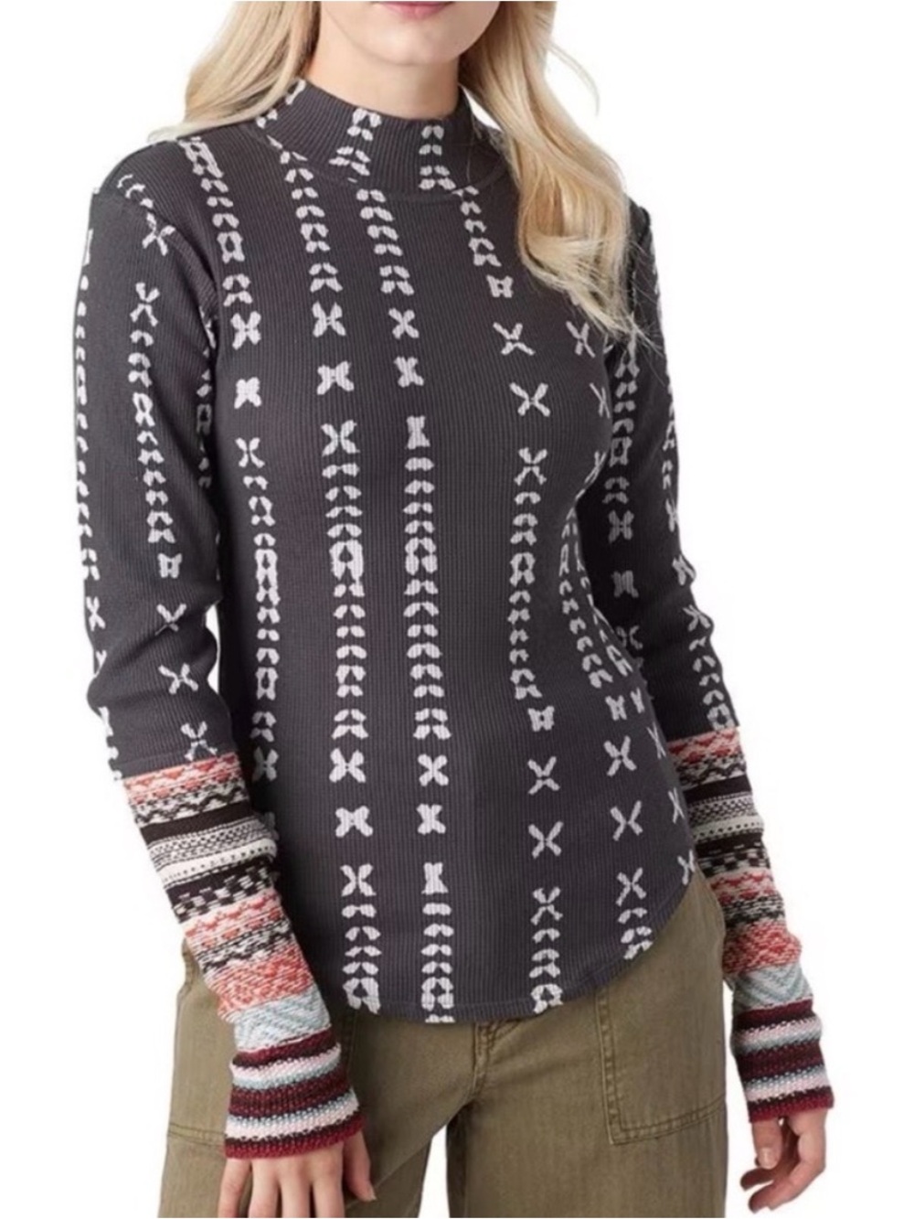 Free People Wonderful Swit Shirt Gray Pattern Multi-Color Cuffs Thermal Women S